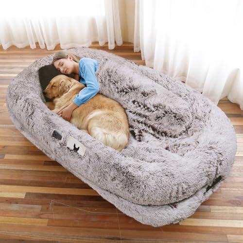 Human Dog Bed, 71''x45''x12'' Size Fits You and Pets, Washable Faux Fur Pet Bed for People Doze Off, Napping Orthopedic Dog Bed, Present Plump Pillow, Blanket, Strap - RustWhite - color: RustWhite