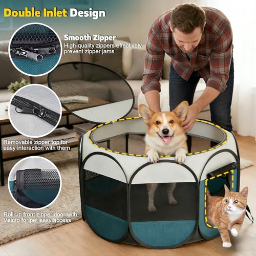 Portable Pet Playpen for Cat Dog - Foldable Large Pet Play Pen with Removable Zipper Top for Cat Small Dog Enclosed - Pop Up Puppy Kitten Kennel with Carrying Case for Indoor Outdoor Travel Camping - style: L [44.9" × 44.9" × 22.8"]