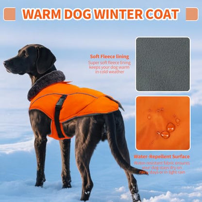 DENTRUN Warm Dog Winter Coat, Easy On Reflective Turtleneck Fleece Jacket | Adjustable buckle, easy on off, windproof & water-repellent, thick fleece snowsuit, outfit fits small to large breeds - color: Orange, size: Medium