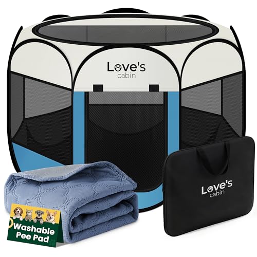 Love's cabin Dog Playpen with Washable Pee Pad, Puppy Pet Cat Playpen Small Dogs Tent Crate Indoor/Outdoor, Portable Pop Up Kennel with Carrying Case for Cats/Rabbits(Blue,Small with pad) - color: Blue with Pad, size: 25.0"L x 25.0"W x 17.0"H