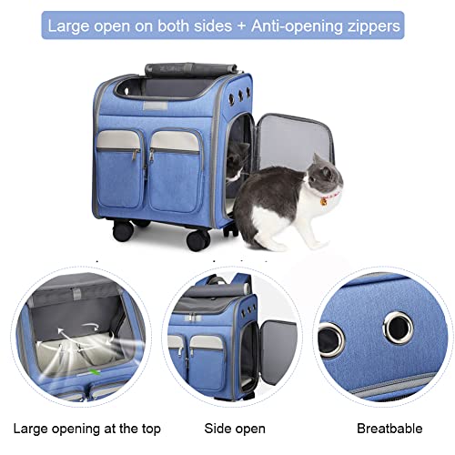 Wheeled Pet Carrier Backpack Pet Stroller, Travel Carrier, Car Seat for Small Dogs Cats Puppies, Comfort Cat Backpack Removable Rolling Wheels – Mesh Ventilation Windows (Large Blue) - color: Large Blue