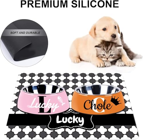 Personalized Dog & Cat Food Mat with Name | Waterproof PU Pet Bowl Mat Non-Slip Rubber Bottom Easy Clean Available in 3 Sizes (24"×16", 30"×20", 36"×24") Pet Feeding Mat for Food & Water （Dot） - color: Dot