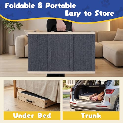 Extra 51.2" Long Dog Ramp for Bed & Couch - Adjustable Height 9.5" to 24" Wooden Non-Slip Pet Ramp, Portable Foldable Doggie Car Ramp for Small Medium Large Older Dogs, 200 LBS Load