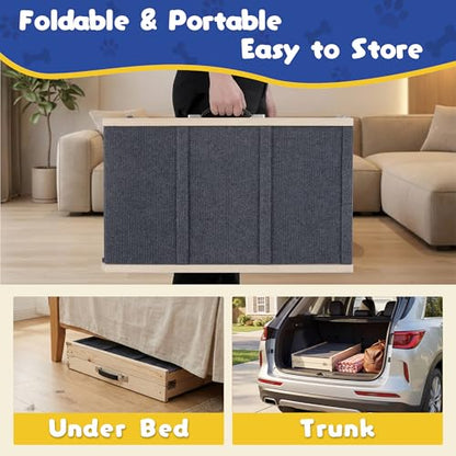 Extra 51.2" Long Dog Ramp for Bed & Couch - Adjustable Height 9.5" to 24" Wooden Non-Slip Pet Ramp, Portable Foldable Doggie Car Ramp for Small Medium Large Older Dogs, 200 LBS Load