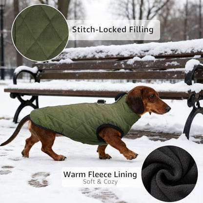 SCENEREAL Dachshund Winter Dog Vest Coat with Harness Built in, Warm Puppy Jacket for Small Medium Dogs, Cold Weather Coat with Zipper, Fleece Puffer Vest Windproof Snow Clothes - color: #1 Olive-Matte, size: M(Chest 17.5")-Dachshund