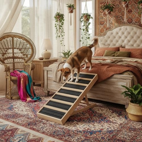 Adjustable Wooden Dog Ramp for Bed and Couch - 39" Folding Pet Ramp with 4 Heights and Non-Slip Safety Rails for 132lbs Small, Medium, and Senior Dogs - size: 39"L
