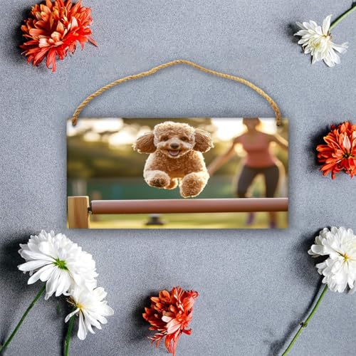 Poodle Dog Jumping Agility Hurdle with Owner in Sunset Light Sign, Rustic Wood Plaque Decor, Farmhouse Wooden Wall Art for Living Room, Bedroom, Entryway, Hanging Home Decor, 12x6 Inch