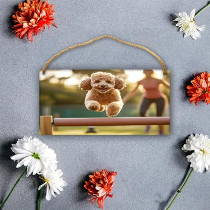 Poodle Dog Jumping Agility Hurdle with Owner in Sunset Light Sign, Rustic Wood Plaque Decor, Farmhouse Wooden Wall Art for Living Room, Bedroom, Entryway, Hanging Home Decor, 12x6 Inch