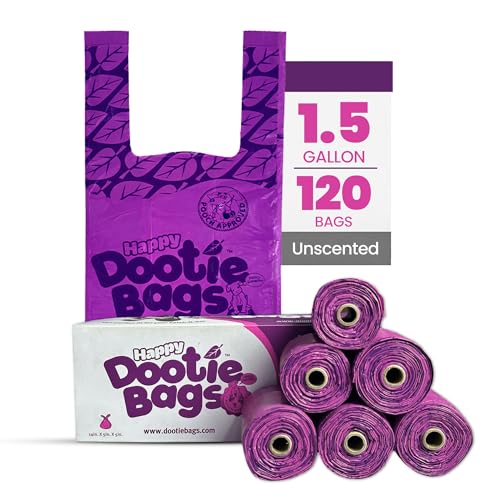 Happy Dootie Bags 10 Rolls.120 Bags with Handles. Clean, Quick and Convenient Pet Dog Poop Cleanup on Walks with Your Furry Friend. Made with Corn Starch. Strong and Leakproof. (Medium Size)