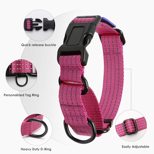 Martingale Dog Collar, Reflective No Pull Training Collar with Quick Release Buckle & USA Flag, Heavy-Duty Nylon, Adjustable for Small Medium Large Dogs (L,Hot Pink - color: Hot Pink with Flag, size: L (1" x 19"-26")