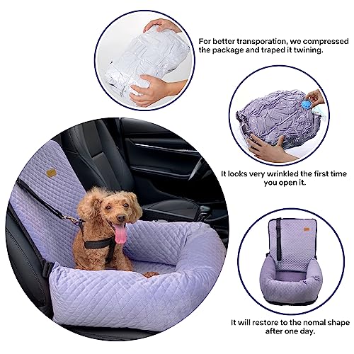 Dog Car Seat for Small Medium Dogs Up to 40lbs, Detachable Washable Soft Pet Booster Travel Bed for Front & Purple Seat with Safety Leash Belt - color: Purple