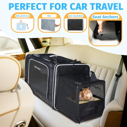 Petskd Side Expandable Extra Large Cat Carrier with Litter Box Area, 24"x17"x17" Soft-Sided Pet Carrier for 2 Cats Under 55 lbs with Zipper Locks for Car Travel(Black) - color: Black