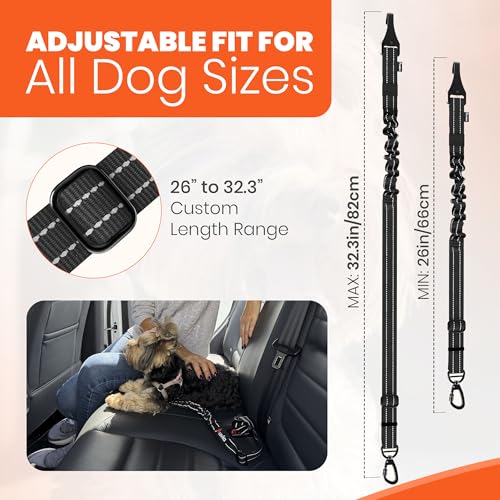 Dog Car Seat Belt for Vehicle Safety, Adjustable Dog Seat Belt Tether with Bungee Stretch, Seat Belt Clip & Headrest Loop, Includes Collapsible Travel Dog Bowl 350ml, Black/Orange