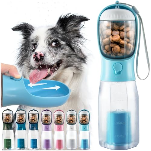 Portable Water Bottle for Dogs, 3 in 1 Pet Travel Bowl Dispenser with Food Treat Container & Poop Bag Holder, Summer Outdoor Walking Hiking Accessories for Large Dog On The Go - Blue, 20oz - color: Blue, size: 20oz