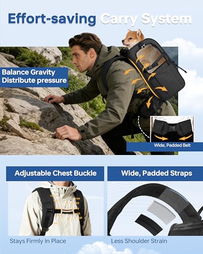 Hiking Dog Carrier Backpack, Padded Height-Enhancing Design, Adjustable Waist Cushioning Belt with Breathable Padded Back Support, Dog Carrier Backpack for Small Dogs Max 13LB Black with Pad - color: Black