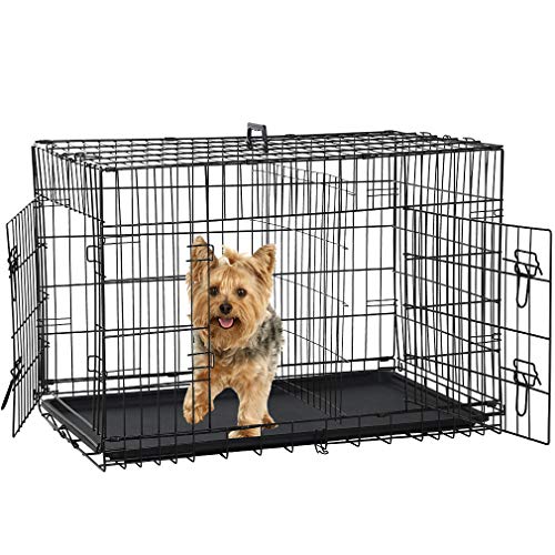Folding Dog Crate 36" Metal Portable Outdoor Double Door Wire Large Cat Pet Dog Cage Kennel with ABS Tray LC & Divider, Black - color: Black, size: 36 inch
