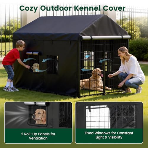 PawGiant Dog Kennel Cover Outdoor, Full Coverage Waterproof Tarp for 8x4x6ft Dog Crate with 600D Oxford Fabric, 4 Transparent Window & Door Curtains for Enclosure Outside, Medium - size: Medium