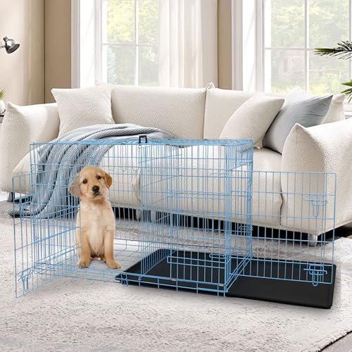Dog Crate, 24/30/36/42/48 Inch Dog Crates for Small Medium Large Dogs Indoor, Folding Metal Dog Kennel Dog Cage with Double-Door, Divider Panel, Removable Tray, Locks and Handle, (30 Inch, Blue) - color: BLUE, size: 30.0"L x 18.0"W x 20.0"H