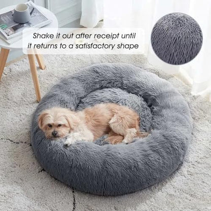 SALAN Calming Donut Dog Bed for Small Dogs and Cats, 16 Inch Round Plush Faux Fur Pet Bed, Washable Fluffy Self Warming Anti Anxiety Cuddler Bed for Puppy, Kitten, Indoor Cats (Brown) - color: Brown