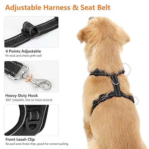VavoPaw Dog Car Belt, Dog Harness Reflective Strip & Adjustable Buckle, Dogs Car Leash Seat Belts, Dogs Seats Belt Soft Padded & Breathable Mesh, Safety Pet Seat Belts Cars Tether, L, Carbon Black - color: Carbon Black, size: L (Chest: 22-32.3", Neck: 16.