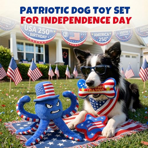 Patriotic 4th of July Dog Toys, 3-Pack Squeaky Crinkle Plush Set | For small and medium dogs; octopus toy for interactive play with a red, white and blue Independence Day design - color: Patriotic