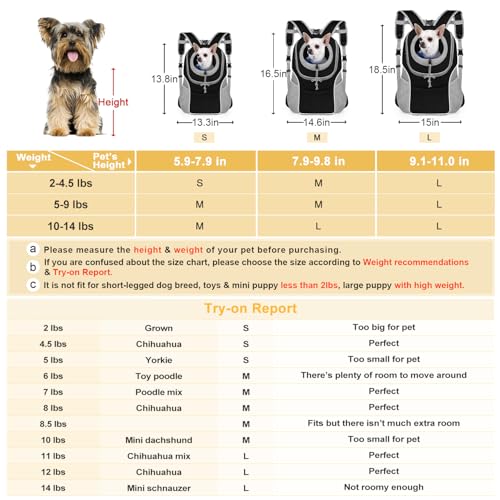 WOYYHO Pet Dog Carrier Backpack with Storage Pockets Small Dog Front Backpack Adjustable Straps Dog Backpack Breathable Dog Front Carrier with Safety Belt for Travel Hiking Cycling Outdoor Use - color: Grey