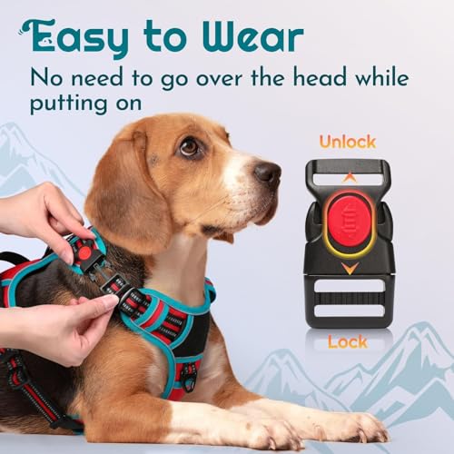 Eagloo Dog Harness Medium Sized, Easy Wearing with 3 Buckles, Adjustable No Pull Pet Harness with 2 Rings for Walking, No Chock Reflective Soft Padded Vest with Control Handle, Red & Teal, M - color: Red & Teal, size: Medium