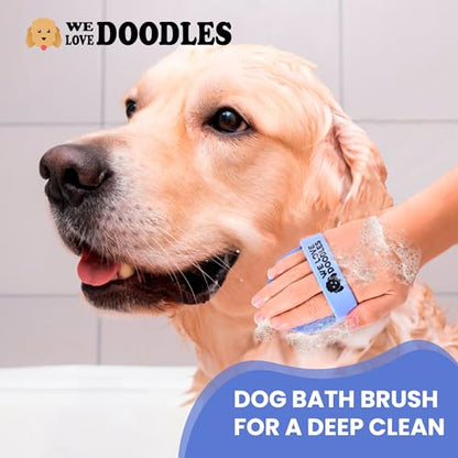 We Love Doodles 50pcs Dog Teeth Cleaning Wipes & Bath Brush Bundle - Dental Finger Wipes & Rubber Brush for Shower Scrubbing & Massage, 2 Pack