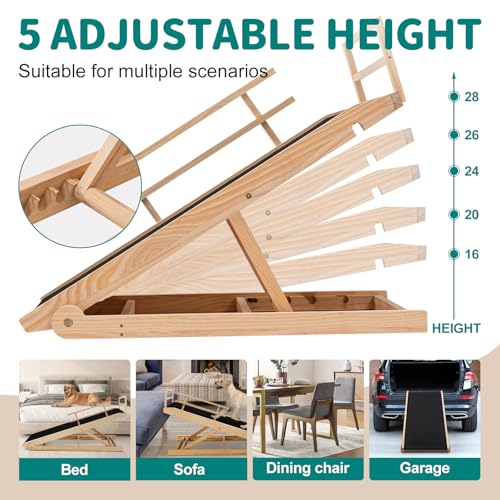 Dog Ramp for Bed, Adjustable Pet Ramps for Dog to Get on Bed, Non-Slip Rubber Surface - Folding Wooden Dog Ramp for Small/Large/Old Dogs, Adjustable up to 27.5 inch High Beds, Safety Railings - size: L-for 27.5''H Bed