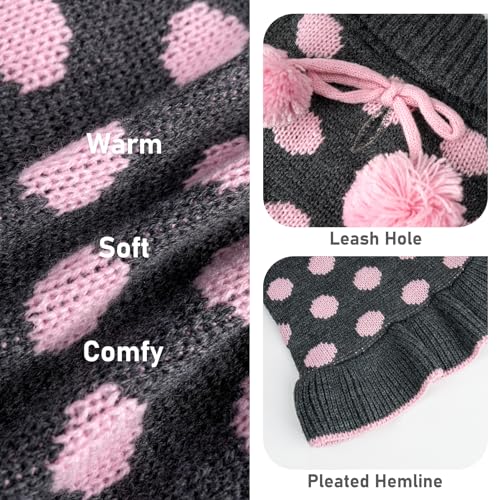 KYEESE Dog Sweater Dress Polka Dot Turtleneck Dogs Sweaters for Girl with Leash Hole Knit Pullover with Pom Pom Ball - color: 02# Polkadot (Grey), size: Large (13-19lbs)