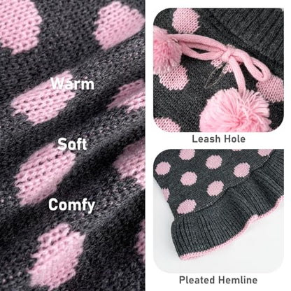 KYEESE Dog Sweater Dress Polka Dot Turtleneck Dogs Sweaters for Girl with Leash Hole Knit Pullover with Pom Pom Ball - color: 02# Polkadot (Grey), size: Large (13-19lbs)