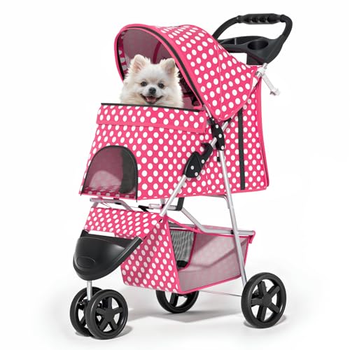 MoNiBloom 3 Wheels Pet Dog Cat Stroller for Small Medium Dogs Cats, Foldable Jogger Stroller w/Storage Basket and Cup Holder, Hot Pink Polka Dots - color: Hot Pink Polka Dots