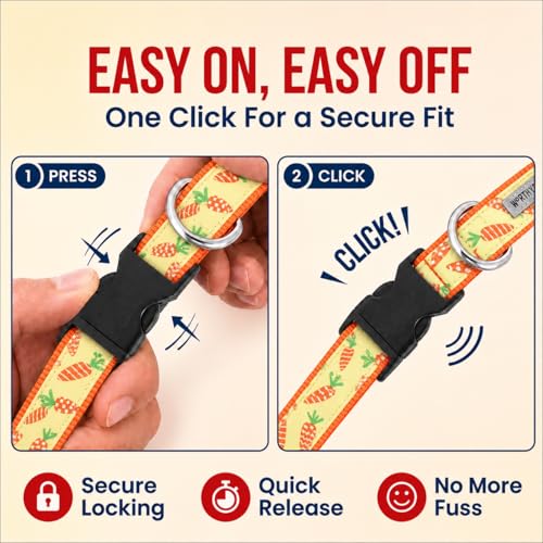 THE WORTHY DOG Spring Holiday Crazy Carrots Dog Collar – Durable Nylon, Woven Ribbon, Quick-Release Buckle, Nickel D-Ring – Green, Medium - color: Crazy Carrots - Green, size: Medium