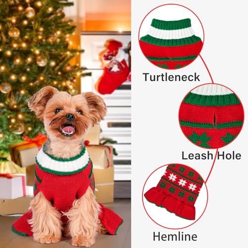 KYEESE Dog Christmas Sweater Warm Dog Sweater for Small Dogs with Leash Hole Knit Dogs Clothes Pet Coats Turtleneck Pet Sweater Dress with Snowflake Pattern, Red, Small - color: 08# Girl Red, size: Small (3-6lbs)