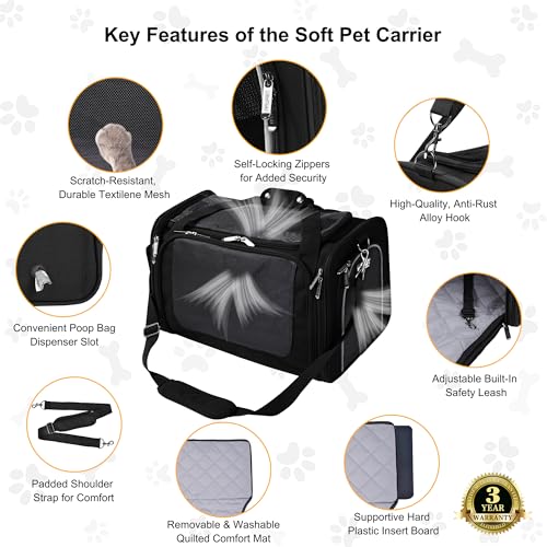 EliteField Deluxe Soft-Sided Pet Carrier (3 Year Warranty, Airline Approved), Travel Bag for Dogs, Cats & Small Pets, with Expandable Mat - color: Black, size: Medium: 18"L x 11"W x 11"H