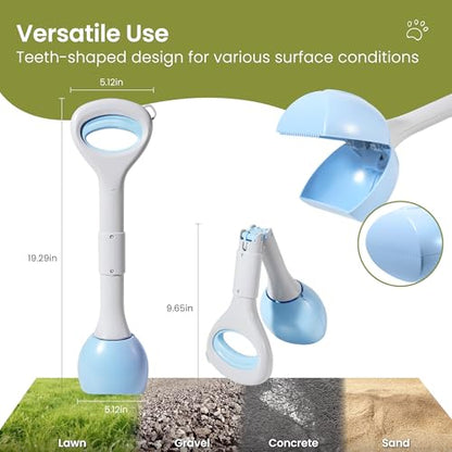 Dog Pooper Scooper Portable with Bag Attachment, One Handed Foldable Design, Includes 120 Waste Bags and Dispenser, 19 Inch Handle for Grass Yard Gravel Cleanup (Blue) - color: Blue + 120 garbage bags + dispenser