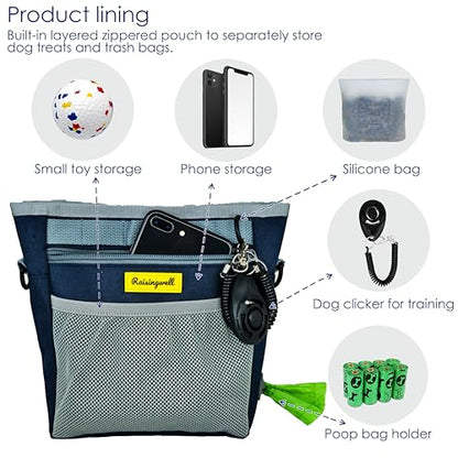Raisingwell Dog Treat Pouch with Magnetic Closure 4-Cup Silicone Bag Fanny Pack Holder with Clicker 4 Ways to Wear Front Pocket Fits All Phones Ideal for Leash, Pet Walking and Training（Blue） - color: H.Blue, size: 4CUP