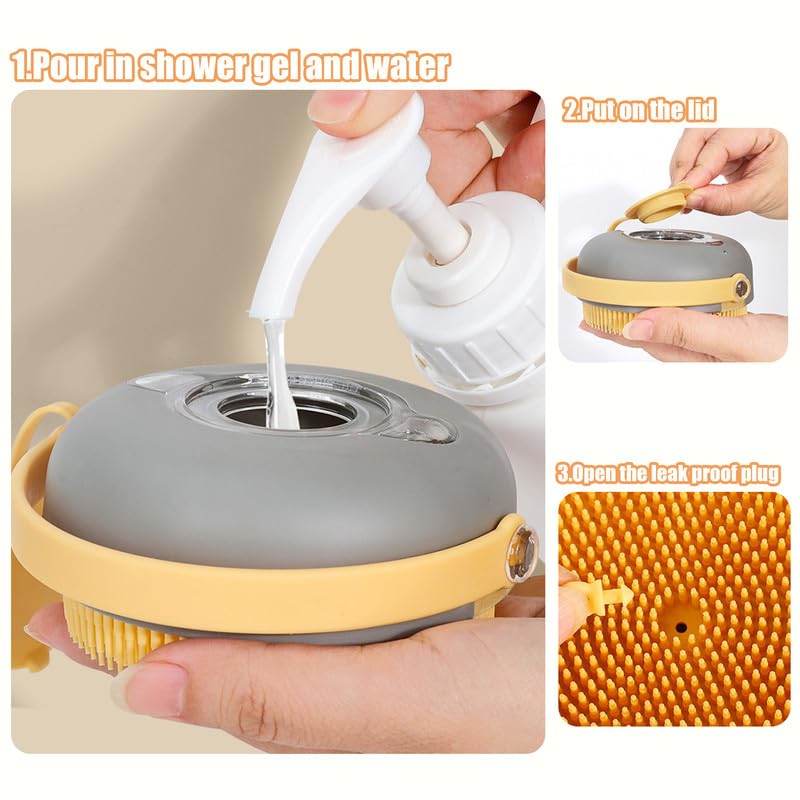 2-in-1 Pet Shampoo Dispenser & Grooming Brush, Soft Bristle Bathing Massage Brush for Shedding Reduction & Deep Cleaning, Gentle for Long & Short Hair Dogs Cats - color: Gray