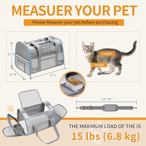 Soft-Sided Cat Carrier for Pets Up to 15lbs, Airline Approved Under-Seat Travel Carrier, 17x12x11 Inch, TSA Approved with Collapsible Bowl, Breathable Mesh & Removable Pad, Lightgrey - color: LightGrey