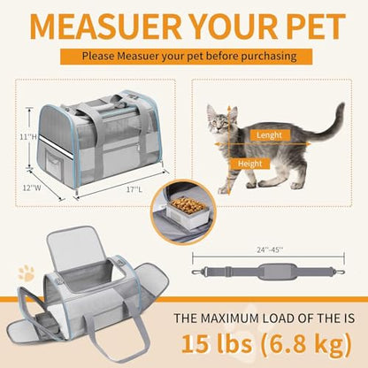 Soft-Sided Cat Carrier for Pets Up to 15lbs, Airline Approved Under-Seat Travel Carrier, 17x12x11 Inch, TSA Approved with Collapsible Bowl, Breathable Mesh & Removable Pad, Lightgrey - color: LightGrey