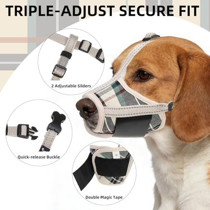 PUPTECK Dog Muzzle, Soft Adjustable Loop Reflective Pet Muzzle Prevent Biting Barking Chewing, Breathable Muzzle with Air Mesh Dog Mouth Guard Drinkable for Large Medium Small Sized, Beige Plaid L - color: Beige, size: L (Snout Cir: 7.09"-9.45")