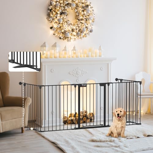 Kfvigoho Dog Gate 27.5"-129" Extra-Wide Playpen, Freestanding Pet Gate, Puppy Fence with Auto-Close Door, Double Locking System for Fireplace, Foldable (Black, 5 Panels - color: Black, size: 5 Panels