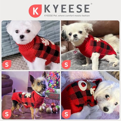 KYEESE Dog Christmas Sweater with Reindeer Pattern, Warm Holiday Outfit,Red Buffalo Plaid Knitwear, Turtleneck Dog Sweater for Small Dogs with Leash Hole, Soft Cozy Puppy Clothes, X-Small - color: 3#Christmas, size: X-Small (3-4lbs)