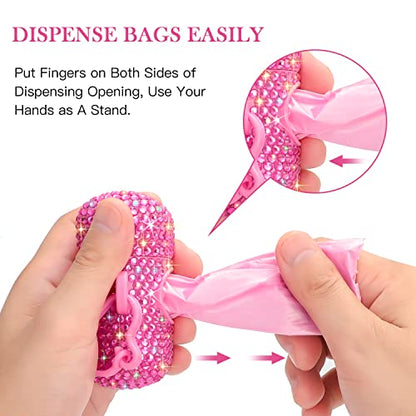 SAVORI Dog Poop Bag Holder Bling Crystal Dog Waste Bags Dispenser for Pet Dog Doggy with Carabiner Clip Includes 1 Roll 15 Bags (Hot Pink) - color: Hot Pink
