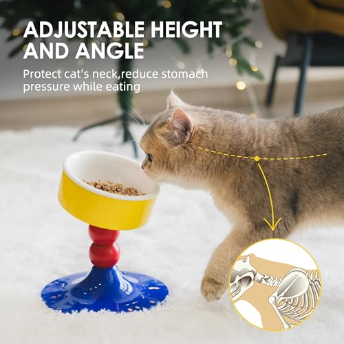 Ceramic Elevated Raised Cat Bowls,Cat Food Dish with Stand, 3 Height Adjustable Raised Dog Bowl Stand for Small Dogs Cats, Adjusts to 4.69", 5.98", 7.28" (Red & Blue) - color: Red & Blue