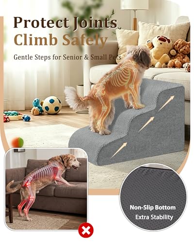 Dog Stairs for Bed & Couch, 15.7"H 3-Step High Density Foam Dog Steps for Small & Senior Dogs, Non-Slip Stable Pet Stairs for Sofa, Bedside, Balanced Bedroom Doggy Ramp with Removable Cover - size: 3-Step 15.7"H