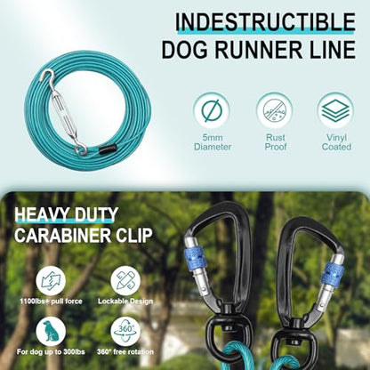 Dog Runner for Yard - 50ft Aerial Dog Run Cable System with Shock Absorbing Bungee Tether, Chew Proof Steel Cable & Tangle Free Pulley for Large Dogs, Backyard Zip Line for Dogs - size: 50FT
