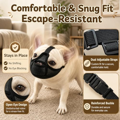 Short Snout Dog Muzzle for French Bulldog, Open-Eye & Full Pant Design Prevent Eating Biting, Panting & Drinking & Feeding Freely, Dog Mask for Shih Tzu Pug Boston Terrier English Bulldog(S, Black) - size: S(11.5"-17.5")