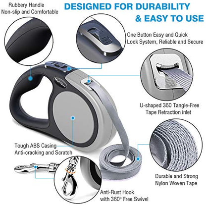 Heavy Duty Retractable Dog Leash-16ft Strong & Durable Walking Leash for S to L Dogs up to 45/115 lbs, Upgraded Lock System, Non Slip Grip, Tangle Free (Grey, Small/Medium) - color: GREY, size: Small/Medium