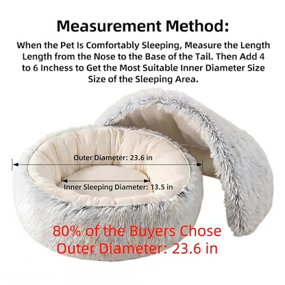 Cozy Zipper Convertible Cat Bed Cave, 2 in 1 Round Plush Donut Dog Bed with Removable Hood, Warm Fuzzy Enclosed Pet Nest Bed for Small Dogs Kittens, Machine Washable (Grey, 23.6 in Medium Size) - color: Grey, size: 23.6 in Medium Size
